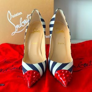 Rare Christian Louboutin Geo Spike Point-Toe Striped Pump in Red/Navy- Size 39